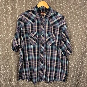 Wrangler Western Shirt Mens 3X Blue Plaid Pearl Snap Short Sleeve 76932 PP